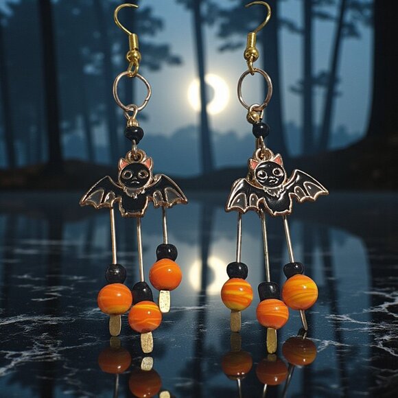 Handmade Bat Dangle Earrings Halloween Black Orange Beaded Design 3 Inches Long - Picture 1 of 5